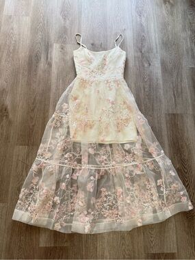 helsi adela white & pink 3d floral sequin embroidered mesh midi dress size XS